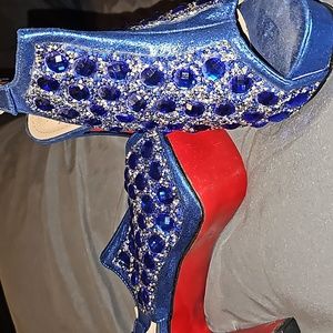 Royal blue rhinestones and silver glitter platform heels